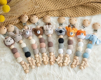 Clip per ciuccio incisa con nome, clip per ciuccio personalizzata con animale all'uncinetto, clip per ciuccio personalizzata, regalo per baby shower, regali per neonati