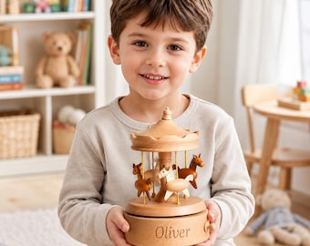 Personalized Carousel Music Box, Engraved Wooden Music Box for Kids, Baby Shower Gift,1st Birthday Gift,Newborn Baby Keepsake