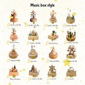 Pu&ograve; includere: Una collezione di sedici carillon in legno, ognuno con un design unico. Le scatole presentano vari temi, tra cui giostre, ruote panoramiche e paesaggi in miniatura. Il testo include "Music box style" e titoli di canzoni.