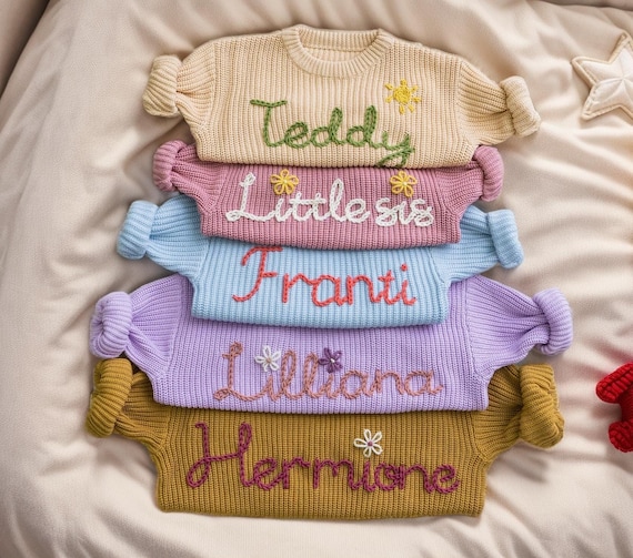 Custom Baby Sweater with Hand-Embroidered Name and Monogram,Custom Name Baby Sweater, Custom Kids Jumper， Baby Shower Gifts, Newborn Gift