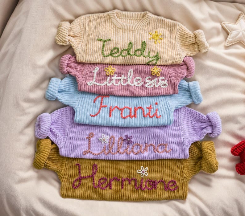 May include: A stack of five knitted sweaters with embroidered names, including "Teddy", "Little Sis", "Franti", "Lilliana", and "Hermione". Each sweater has a different color and features small embroidered flowers.
