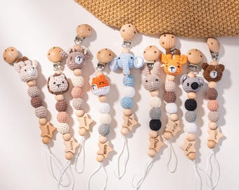 Clip per ciuccio personalizzata con animale all'uncinetto, clip per ciuccio personalizzata con nome del bambino, regalo per baby shower, regali per neonati, clip per ciuccio personalizzata.