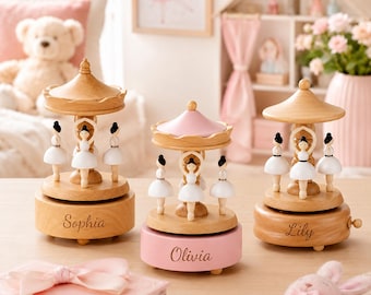 Custom Name Music Box for Kids, Wooden Musical Carousel, Ballet Dancer Gift for Girls,Personalized Girls Birthday Gift,Baby Baptism Gift
