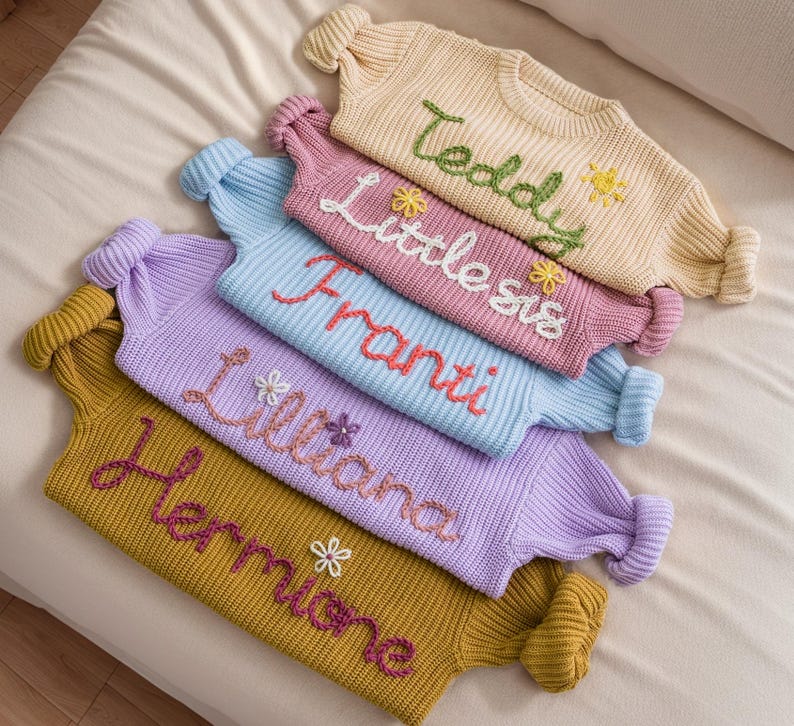 May include: A stack of five knitted jumpers in various pastel colours, each with a different name embroidered on the front. The names are "Hermione", "Liliana", "Franti", "Little Sis", and "Teddy".