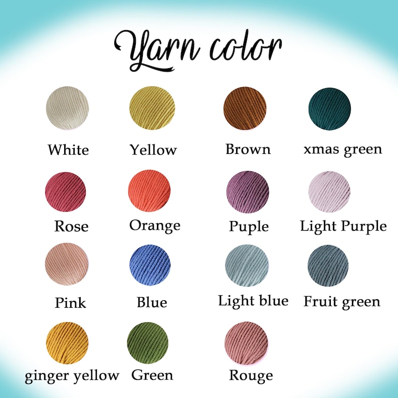 May include: Yarn color chart with 12 different colors of yarn. The colors are: white, yellow, brown, xmas green, rose, orange, purple, light purple, pink, blue, light blue, fruit green, ginger yellow, green, and rouge.