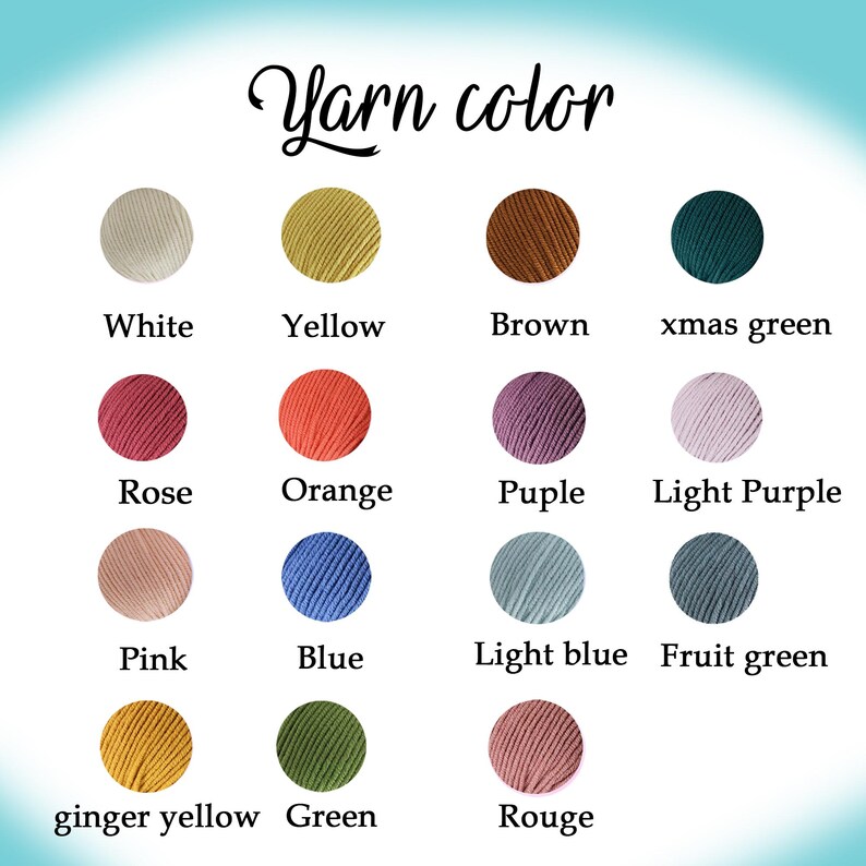 May include: Yarn colour chart with 12 different colours of yarn. The colours are: white, yellow, brown, xmas green, rose, orange, purple, light purple, pink, blue, light blue, fruit green, ginger yellow, green, and rouge.