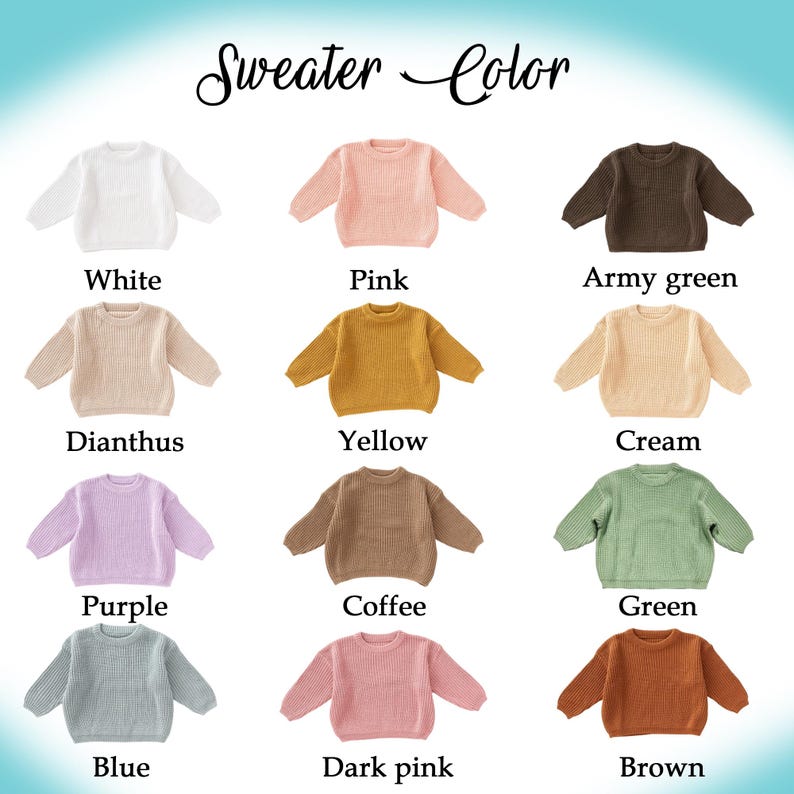 May include: A selection of ten different coloured sweaters, including white, pink, army green, dianthus, yellow, cream, purple, coffee, green, blue, dark pink, and brown.