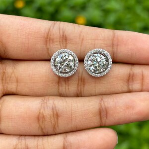 1.40 + 1.40 Carat Round Lab Diamond Halo Earrings in 14K White Gold