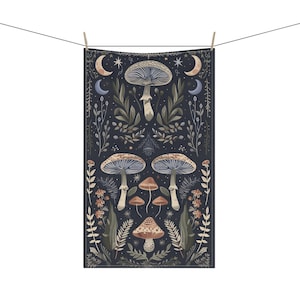 Midnight Mushroom Cottagecore Tea Towel - Botanical Mushroom Kitchen Decor, Forestcore, Fairycore, Kitchen Witch Gift, Mushroom Towel