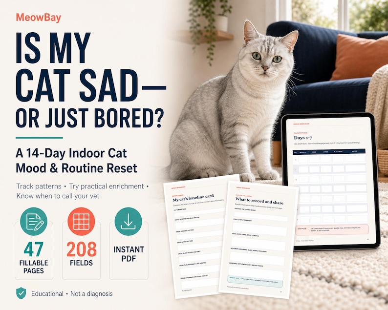 K&ouml;nnte beinhalten: Ein digitaler 14-Tage-Leitfaden f&uuml;r die Stimmung und Routine von Hauskatzen mit dem Titel Is My Cat Sad&mdash;Or Just Bored? mit einer silbernen Tabby-Katze, zwei ausgedruckten Seiten und einem Tablet, das einen 7-Tage-Tracker anzeigt.
