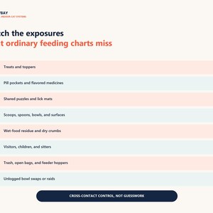 May include: An informational graphic titled Catch the exposures that ordinary feeding charts miss by MEOWBAY. It features a checklist with eight items including treats, pill pockets, puzzles, scoops, residue, visitors, trash, and bowl swaps.