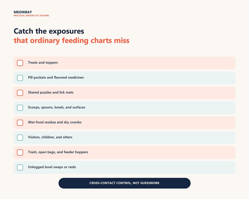 May include: An informational graphic titled Catch the exposures that ordinary feeding charts miss by MEOWBAY. It features a checklist with eight items including treats, pill pockets, puzzles, scoops, residue, visitors, trash, and bowl swaps.