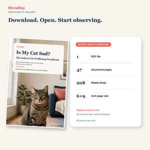 K&ouml;nnte beinhalten: Ein digitales Arbeitsbuch mit dem Titel Is My Cat Sad? The Indoor Cat Wellbeing Workbook, das eine braune getigerte Katze auf dem Cover zeigt. Das Produkt enth&auml;lt 1 PDF-Datei, 47 strukturierte Seiten, 208 ausf&uuml;llbare Felder und ein Format von 15,24 x 22,86 cm.