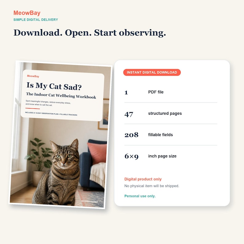 K&ouml;nnte beinhalten: Ein digitales Arbeitsbuch mit dem Titel Is My Cat Sad? The Indoor Cat Wellbeing Workbook, das eine braune getigerte Katze auf dem Cover zeigt. Das Produkt enth&auml;lt 1 PDF-Datei, 47 strukturierte Seiten, 208 ausf&uuml;llbare Felder und ein Format von 15,24 x 22,86 cm.