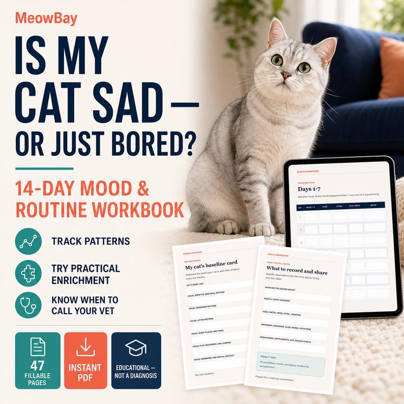 Verhaltensbeobachtung für Wohnungskatzen (PDF), Ist meine Katze traurig oder gelangweilt?, 14-Tage-Wohlbefindens-Arbeitsbuch, Planer für Beschäftigung und Tagesablauf Ihrer Katze Bild 1