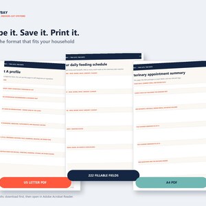 May include: Three digital document templates titled Meowbay Practical Indoor-Cat Systems with text Type it. Save it. Print it. The forms include sections for a cat profile, daily feeding schedule, and veterinary appointment summary with 222 fillable fields.