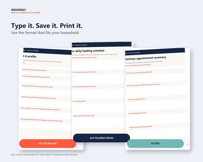 May include: Three digital document templates titled Meowbay Practical Indoor-Cat Systems with text Type it. Save it. Print it. The forms include sections for a cat profile, daily feeding schedule, and veterinary appointment summary with 222 fillable fields.