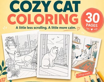 Cozy Cat Coloring Book PDF for Adults, 30 Printable Indoor Cat Pages, Relaxing Cat Lover Gift, A4 US Letter, Instant Download