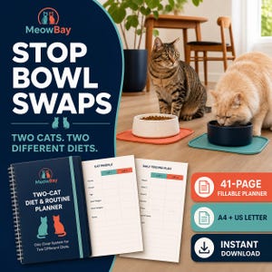 May include: A MeowBay two-cat diet and routine planner with a 41-page fillable format, available as an instant download in A4 and US letter sizes. The set includes a spiral-bound notebook and two feeding mats with bowls for two cats.