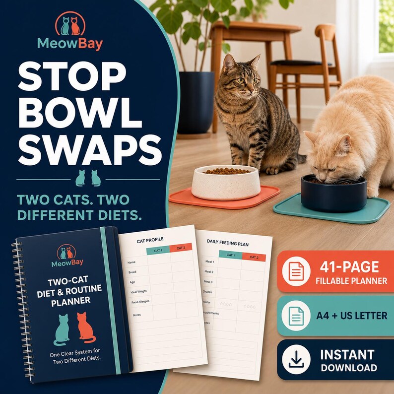 May include: A MeowBay two-cat diet and routine planner with a 41-page fillable format, available as an instant download in A4 and US letter sizes. The set includes a spiral-bound notebook and two feeding mats with bowls for two cats.