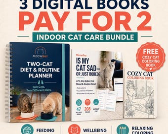 Katzenpflege-Paket für Wohnungskatzen: 3 digitale Bücher zum Preis von 2, Fütterungsplaner, Verhaltenstracker, kostenloses Malbuch (PDF)