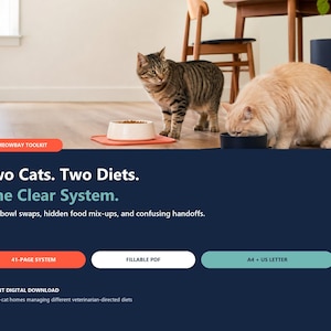 May include: A digital product advertisement for the Meowbay Toolkit, a 41-page fillable PDF system for two-cat homes. The graphic features two cats eating from separate bowls, with text stating: Two Cats. Two Diets. One Clear System. Instant digital download.