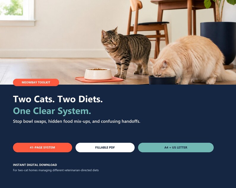 May include: A digital product advertisement for the Meowbay Toolkit, a 41-page fillable PDF system for two-cat homes. The graphic features two cats eating from separate bowls, with text stating: Two Cats. Two Diets. One Clear System. Instant digital download.