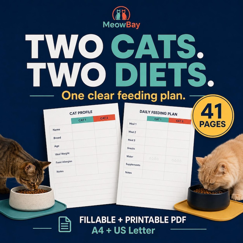May include: A digital cat feeding planner with 41 pages in A4 and US Letter sizes. The document features a Cat Profile and Daily Feeding Plan for two cats, with text reading MeowBay, Two Cats. Two Diets. One clear feeding plan. Fillable + Printable PDF.