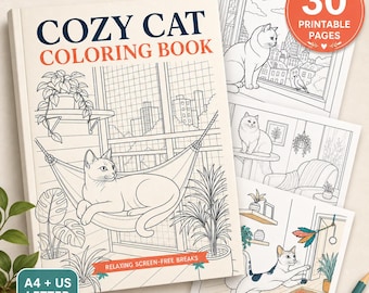 Gemütliches Katzen-Malbuch (PDF) für Erwachsene, 30 druckbare Seiten mit Wohnungskatzen, entspannendes Geschenk für Katzenliebhaber, A4 (US Letter), sofortiger Download