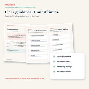 K&ouml;nnte beinhalten: Ein Satz informativer Dokumente mit dem Titel MeowBay und dem Text Clear guidance. Honest limits. Designed to help you observe&mdash;not diagnose. Die Seiten enthalten Abschnitte f&uuml;r Important notice, Sources and further reading und eine Liste mit vier Punkten.