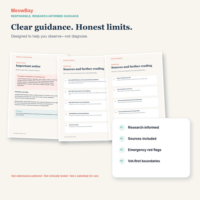 K&ouml;nnte beinhalten: Ein Satz informativer Dokumente mit dem Titel MeowBay und dem Text Clear guidance. Honest limits. Designed to help you observe&mdash;not diagnose. Die Seiten enthalten Abschnitte f&uuml;r Important notice, Sources and further reading und eine Liste mit vier Punkten.