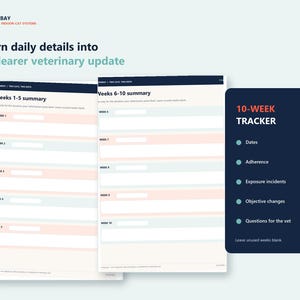 May include: A 10-week veterinary tracker document with sections for weeks 1-5 and 6-10. The pages feature white input fields with light pink and blue accents. A dark blue sidebar lists tracking categories including dates, adherence, and questions for the vet.
