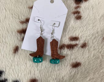 Cowgirl Boot Earrings: Rustic Wood & Faux Turquoise Western Jewelry