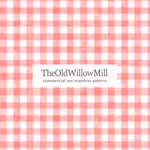 Könnte beinhalten: Ein nahtloses Muster mit einem rot-weiß karierten Vichy-Karo-Design. Das Muster hat einen Aquarellstil mit weichen Kanten und einem leicht verblassten Aussehen. Der Text "TheOldWillowMill commercial use seamless pattern" wird in einem weißen Rechteck angezeigt.