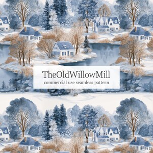 May include: A seamless pattern featuring a winter landscape with white houses, blue water, and bare brown trees. The text TheOldWillowMill commercial use seamless pattern is centered in a white rectangle overlaying the repeating winter scene.