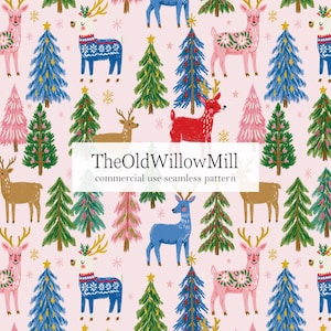 May include: A seamless pattern on a light pink background featuring illustrated deer in various colors, including blue, red, and brown, interspersed with green, blue, and pink Christmas trees and gold stars. Text reads TheOldWillowMill commercial use seamless pattern.