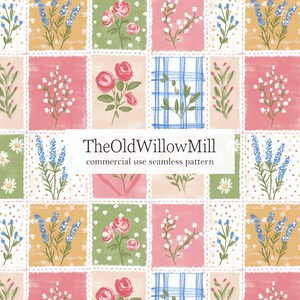 May include: A seamless digital pattern featuring a grid of squares with various floral illustrations, including roses, lavender, and daisies, alongside blue plaid motifs. The text TheOldWillowMill commercial use seamless pattern is centered.