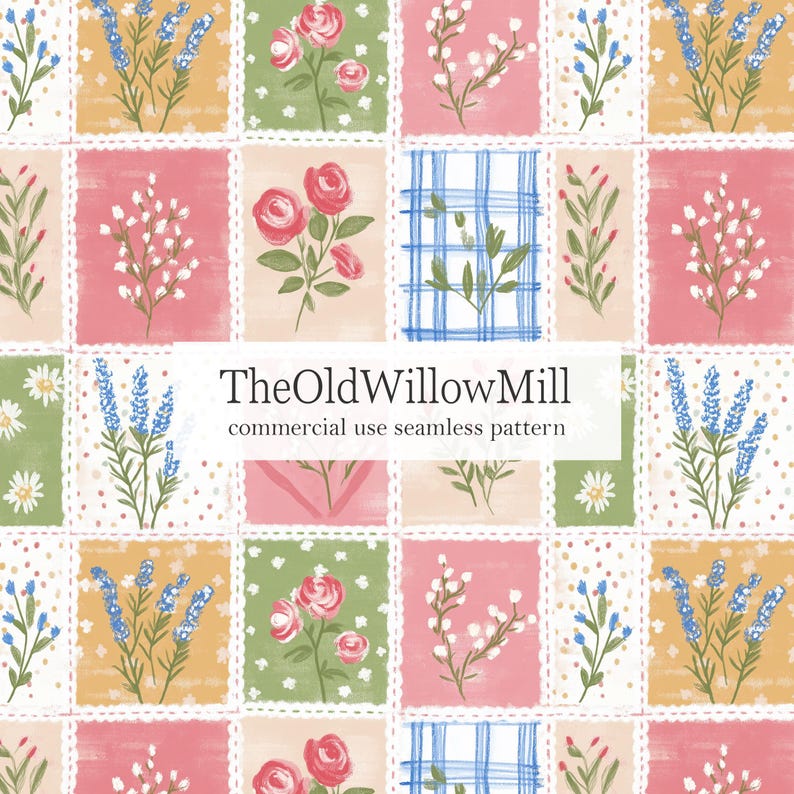 Puede incluir: Un patr&oacute;n digital sin costuras que presenta una cuadr&iacute;cula de cuadrados con varias ilustraciones florales, incluyendo rosas, lavanda y margaritas, junto con motivos de cuadros azules. El texto TheOldWillowMill commercial use seamless pattern est&aacute; centrado.