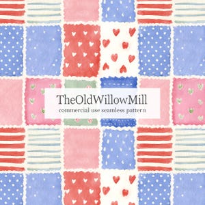 May include: A seamless pattern featuring a grid of watercolour squares in red, blue, pink, and green. Designs include white polka dots, red hearts, and horizontal stripes. The text TheOldWillowMill commercial use seamless pattern is centred.