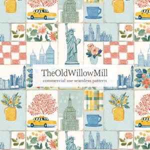 May include: Seamless pattern featuring New York City landmarks and floral elements. Includes illustrations of the Statue of Liberty, Empire State Building, yellow taxi cabs, and city skylines. The text "TheOldWillowMill commercial use seamless pattern" is also present.