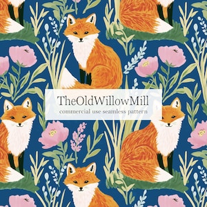 May include: Seamless pattern featuring orange foxes, pink flowers, and green foliage on a dark blue background. The text "TheOldWillowMill commercial use seamless pattern" is displayed in a white rectangle.