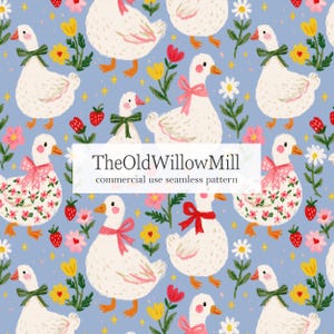 May include: A seamless pattern on a light blue background featuring white geese with orange beaks and feet, adorned with colorful bows, flowers, and strawberries. The text TheOldWillowMill commercial use seamless pattern is centered.