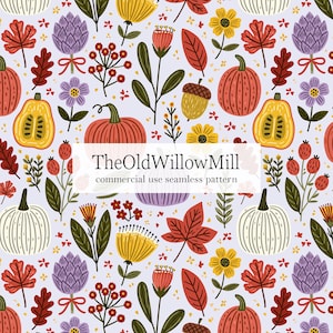 May include: A seamless pattern featuring pumpkins, fall leaves, flowers, and acorns in shades of orange, yellow, red, purple, and green on a light purple background. The text "TheOldWillowMill commercial use seamless pattern" is displayed.