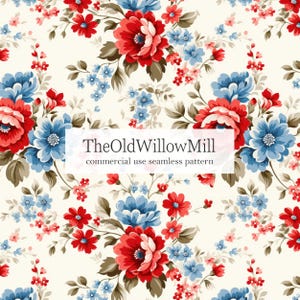 May include: A seamless floral pattern featuring red and blue flowers with green leaves on a cream background. The text "TheOldWillowMill commercial use seamless pattern" is displayed in a white rectangle.