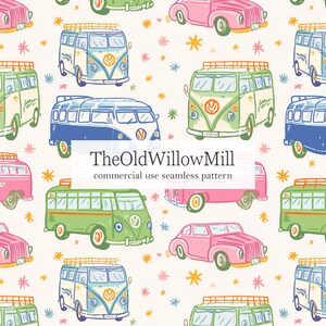 Peut inclure: Motif sans couture avec des voitures et des bus rétro aux couleurs pastel rose, vert et bleu, sur fond crème avec des étoiles. Le texte "TheOldWillowMill" et "commercial use seamless pattern" sont également visibles.