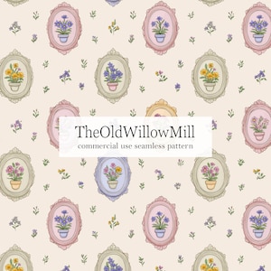 May include: A seamless pattern featuring framed floral arrangements in pastel colors. Each frame contains a potted flower, with additional small floral and leaf accents scattered across a cream background. The text "TheOldWillowMill commercial use seamless pattern" is visible.