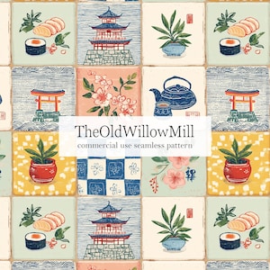 Puede incluir: Patrón sin costuras con motivos japoneses, incluyendo pagodas, flores de cerezo, sushi y plantas en macetas. También presenta el texto "TheOldWillowMill commercial use seamless pattern".