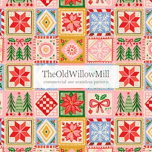 May include: A seamless pattern featuring a grid of festive illustrations including red poinsettias, green pine trees, snowflakes, and bows on a light pink background. The text TheOldWillowMill commercial use seamless pattern is centered.