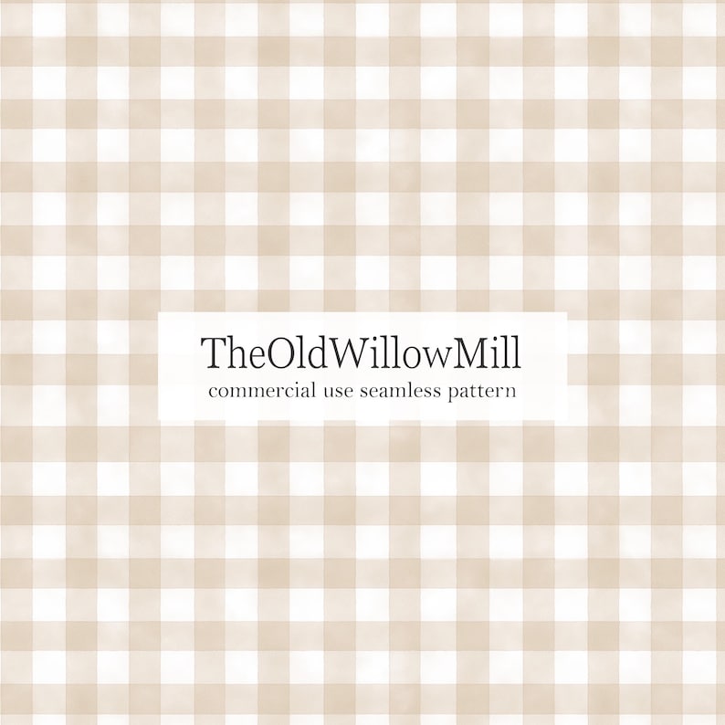 May include: A seamless pattern featuring a tan and white gingham check design. The text "TheOldWillowMill" and "commercial use seamless pattern" are displayed in a white rectangular box.