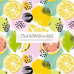 May include: Seamless pattern featuring watercolor illustrations of lemons, limes, and grapefruit slices in yellow, green, and pink hues. The design includes black brushstrokes and the text "TheOldWillowMill commercial use seamless pattern".